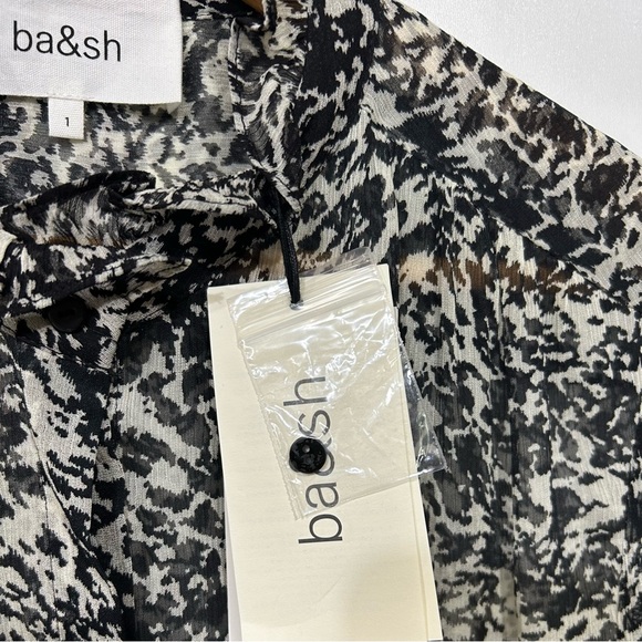 ba&sh Elia Ruffle Button Down Blouse Black White Print Small NWT - Picture 10 of 15